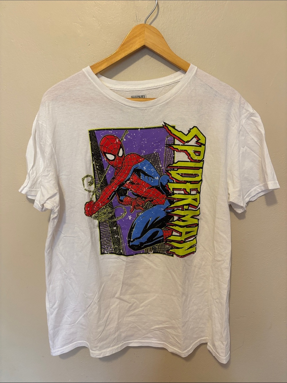 Marvel White Spider-Man Comic Panel Tee with Neon Accents